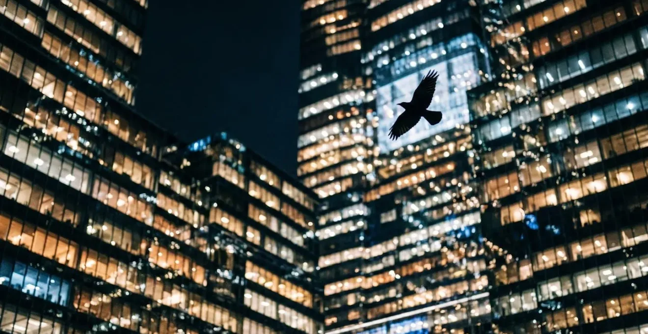 Silhouette of migratory bird against brightly illuminated Hong Kong skyscraper at night showing light pollution impact