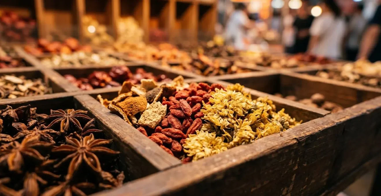 Close-up of traditional Chinese herbal tea ingredients and aromatic spices at a Hong Kong night market vendor stall