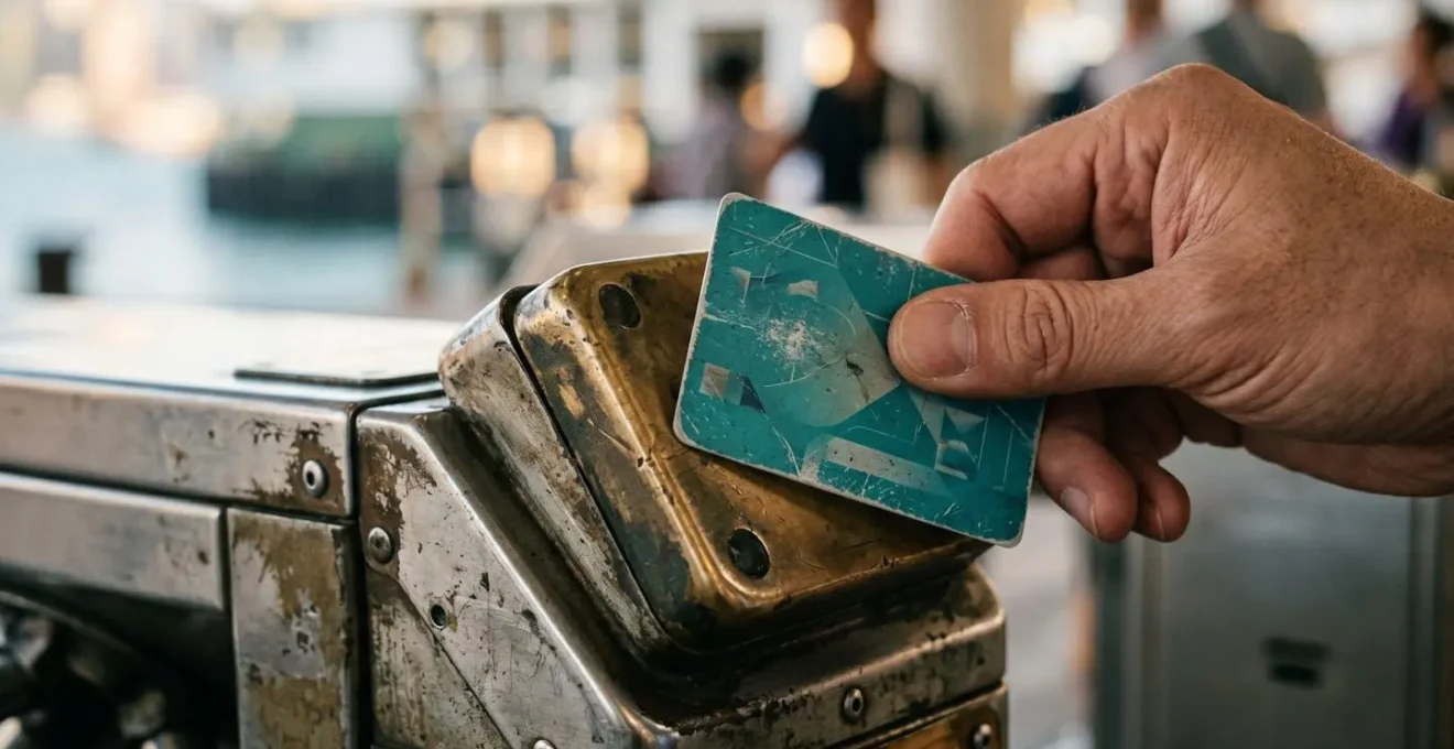 Close-up of hand tapping an Octopus card at a vintage ferry turnstile mechanism