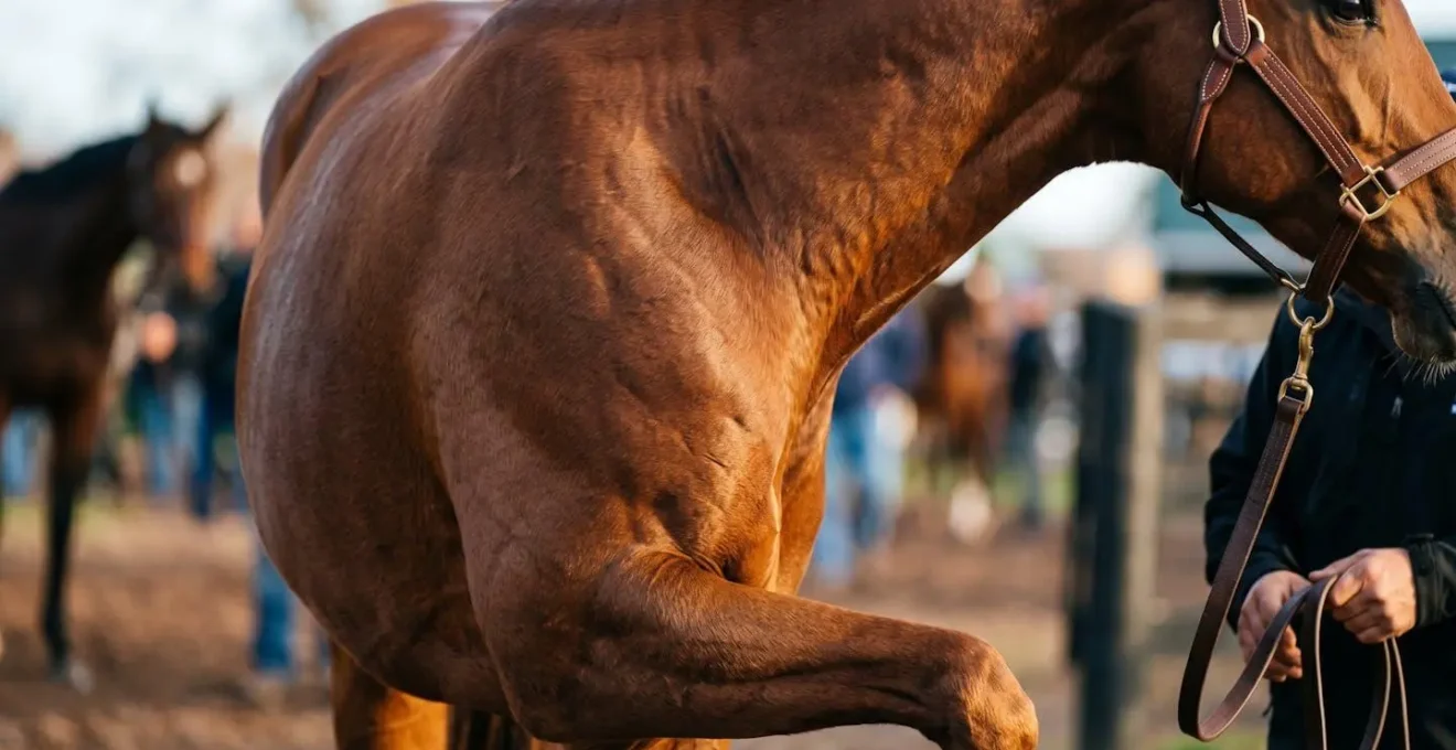 Close-up view of thoroughbred horses in the paddock area with handlers preparing for race