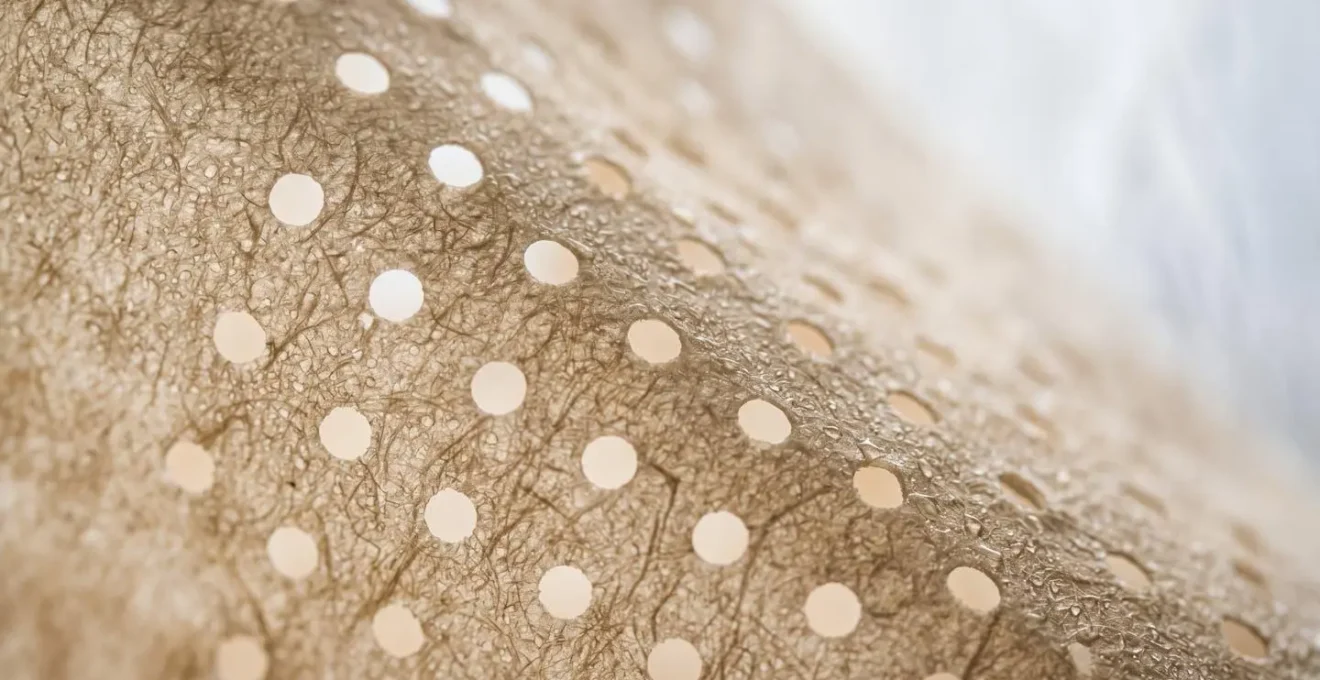 Extreme macro photograph showing perforated parchment paper texture with steam condensation droplets