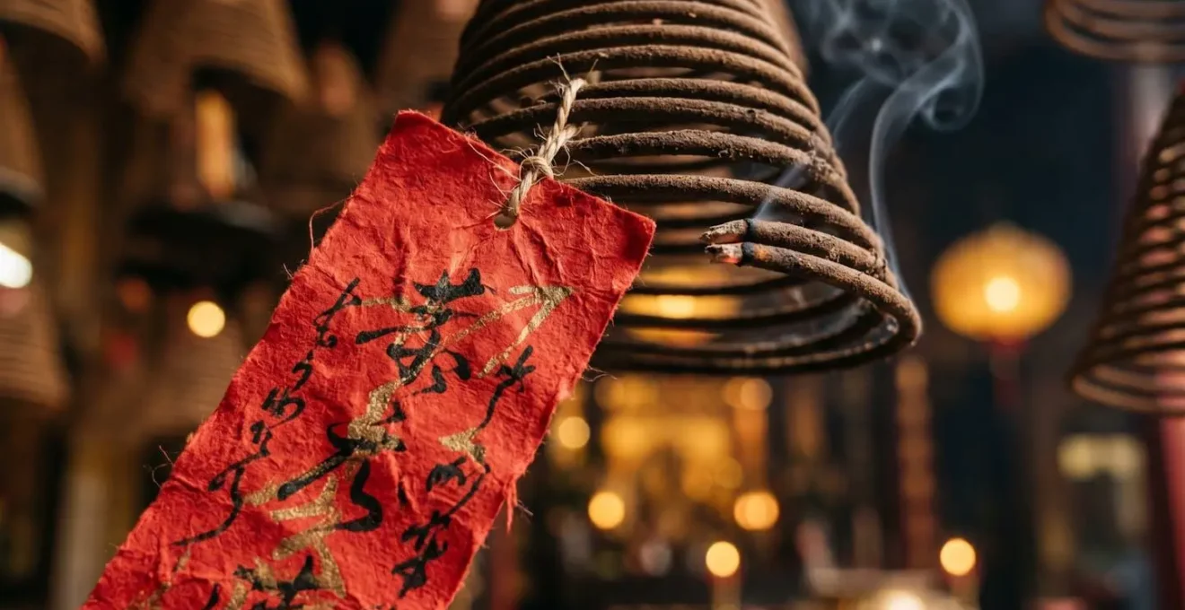 Close-up of red paper wish tag attached to spiral incense coil with devotee name and prayer