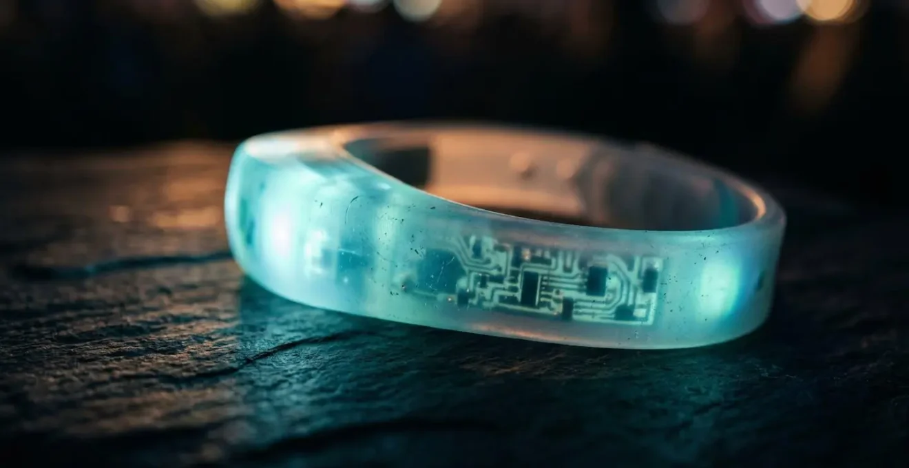 Close-up macro shot of rechargeable LED light bracelet glowing against dark background with subtle texture