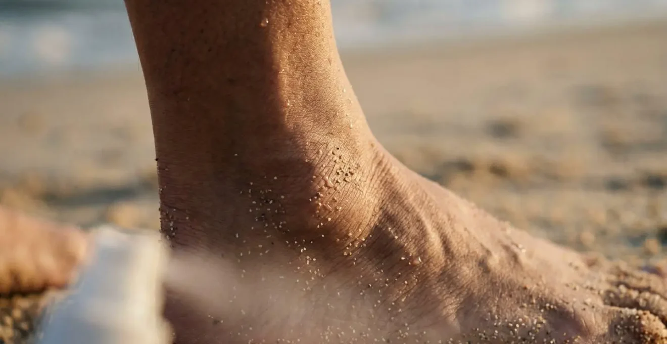 Close-up of hiker applying insect repellent spray to ankle area on sandy beach with protective hiking gear