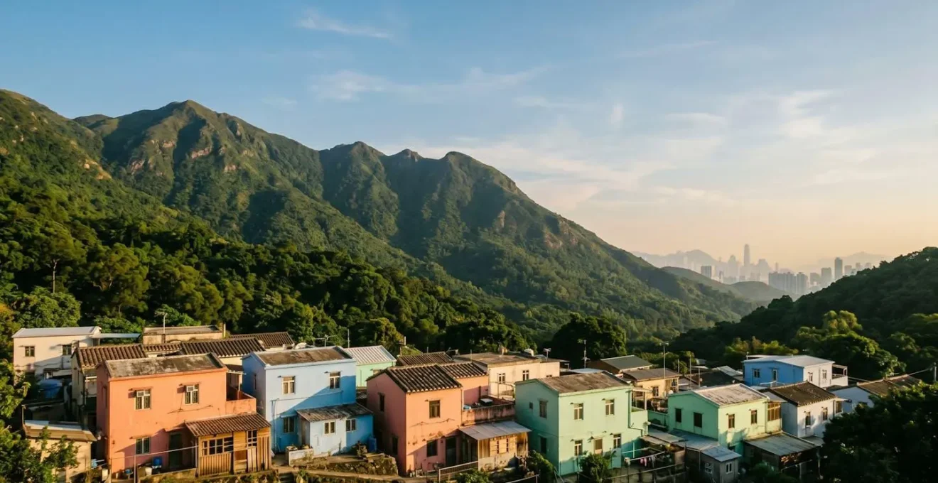 Wide environmental shot of Shek O village colorful low-rise houses against dramatic green mountains with negative space