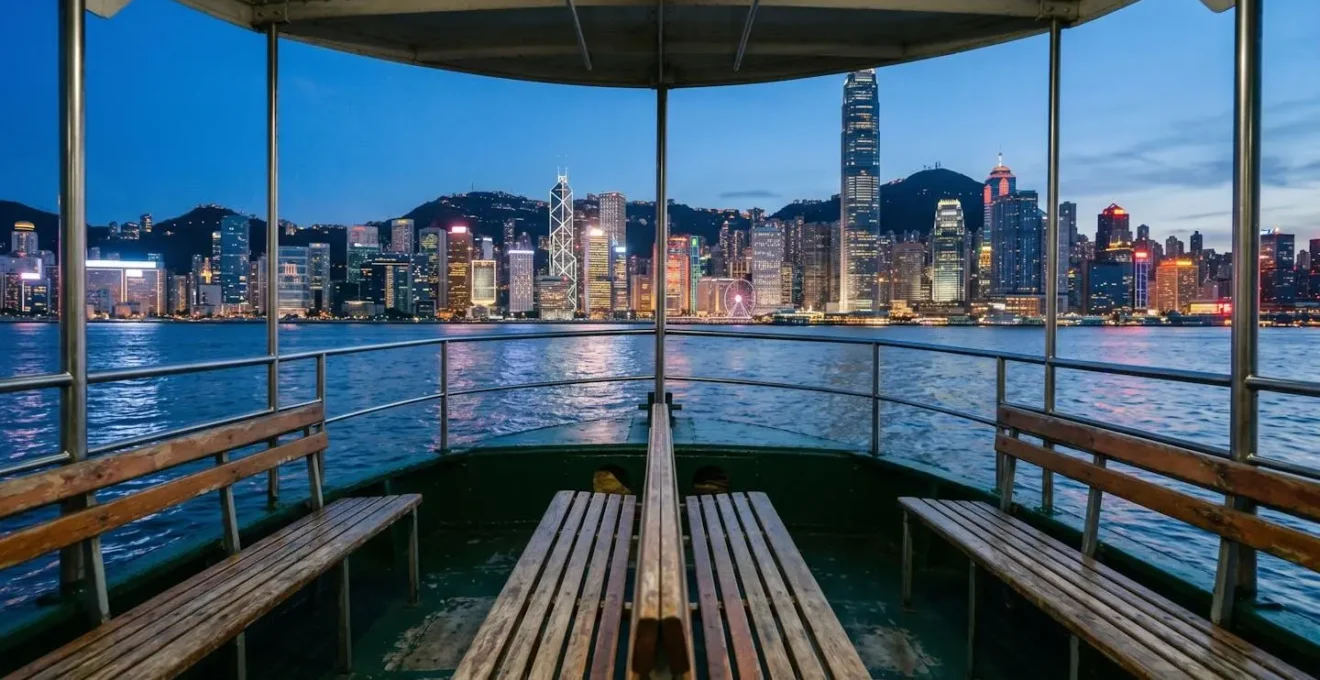Wide environmental shot from Star Ferry lower open-air deck during blue hour with Hong Kong Island skyline glowing across harbor