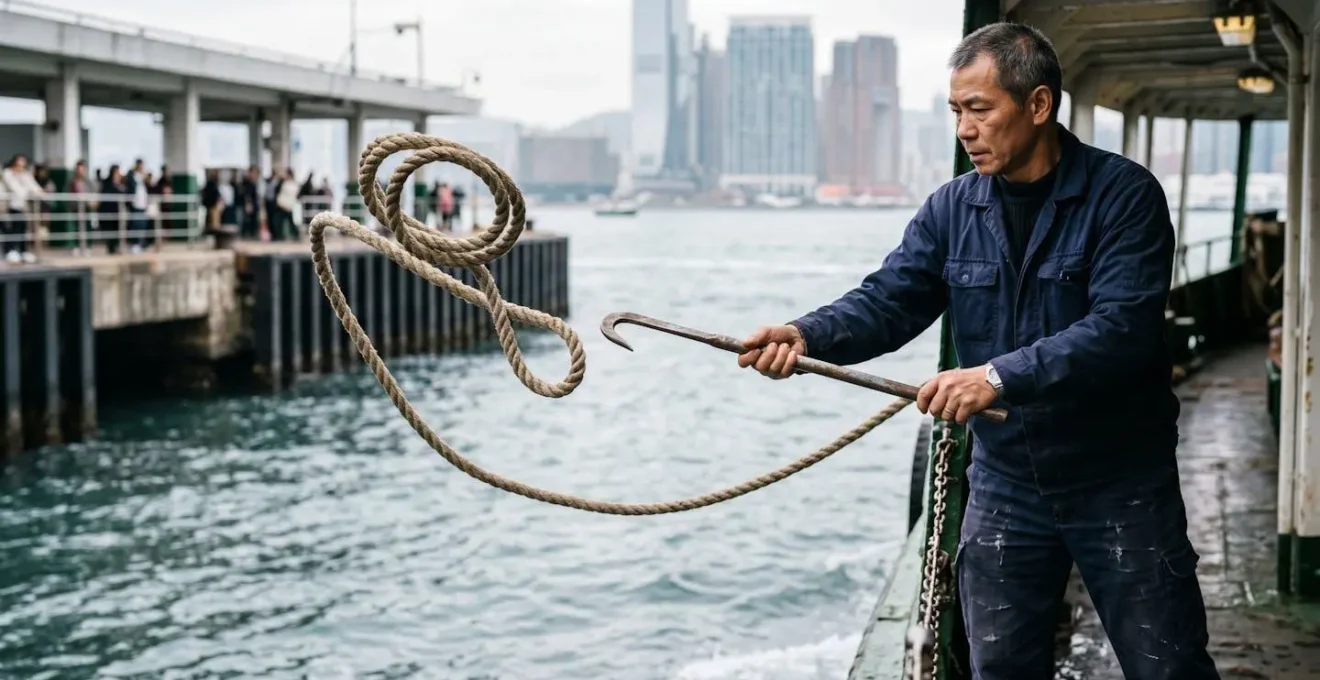Star Ferry crew member skillfully catching mooring rope with traditional billhook during docking procedure