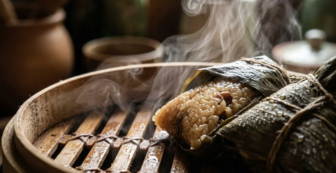 Macro view of steam rising from a bamboo steamer basket containing glutinous rice dumplings, showing condensation on the rice.