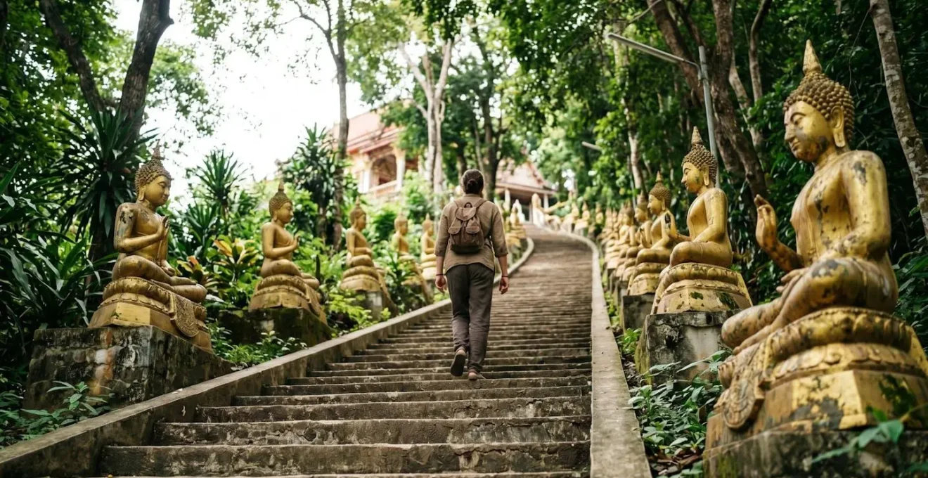 Steep stairway lined with golden Buddha statues ascending through subtropical forest in Hong Kong