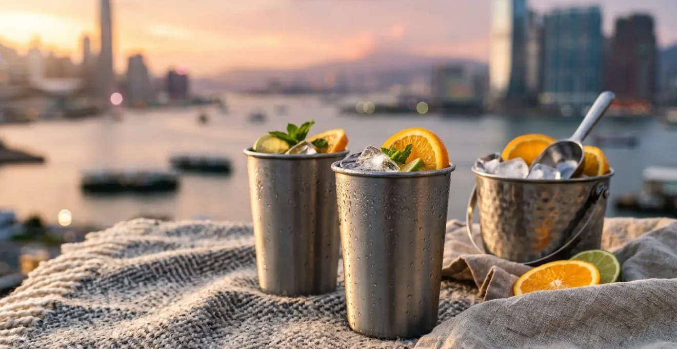 Close-up of elegant picnic beverage setup with reusable tumblers and ice bucket on blanket with blurred Victoria Harbour sunset in background
