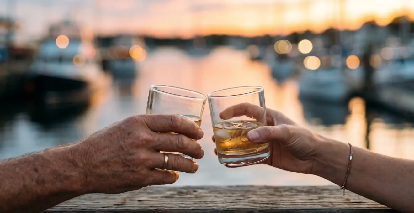 Intimate close-up of hands holding a glass with blurred harbour sunset in background