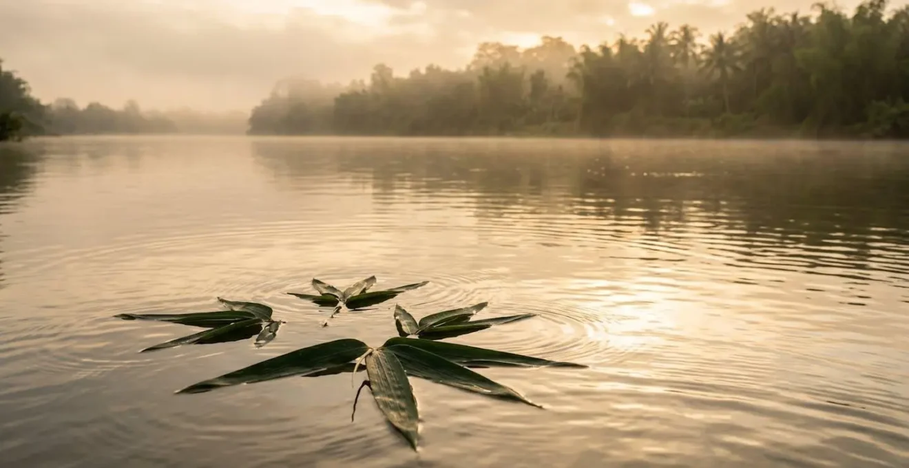 Atmospheric wide shot of bamboo leaves floating on a misty river surface at golden hour.