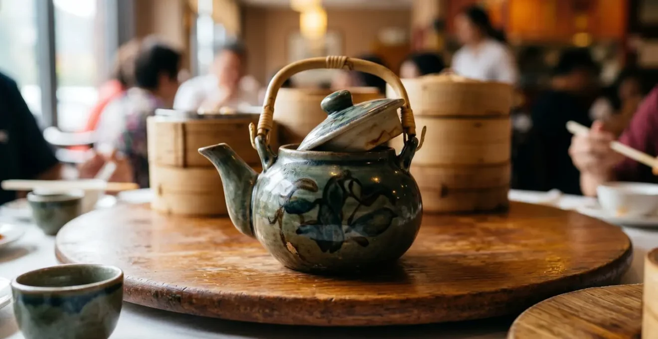 Teapot with lid positioned askew signaling refill request in traditional tea house