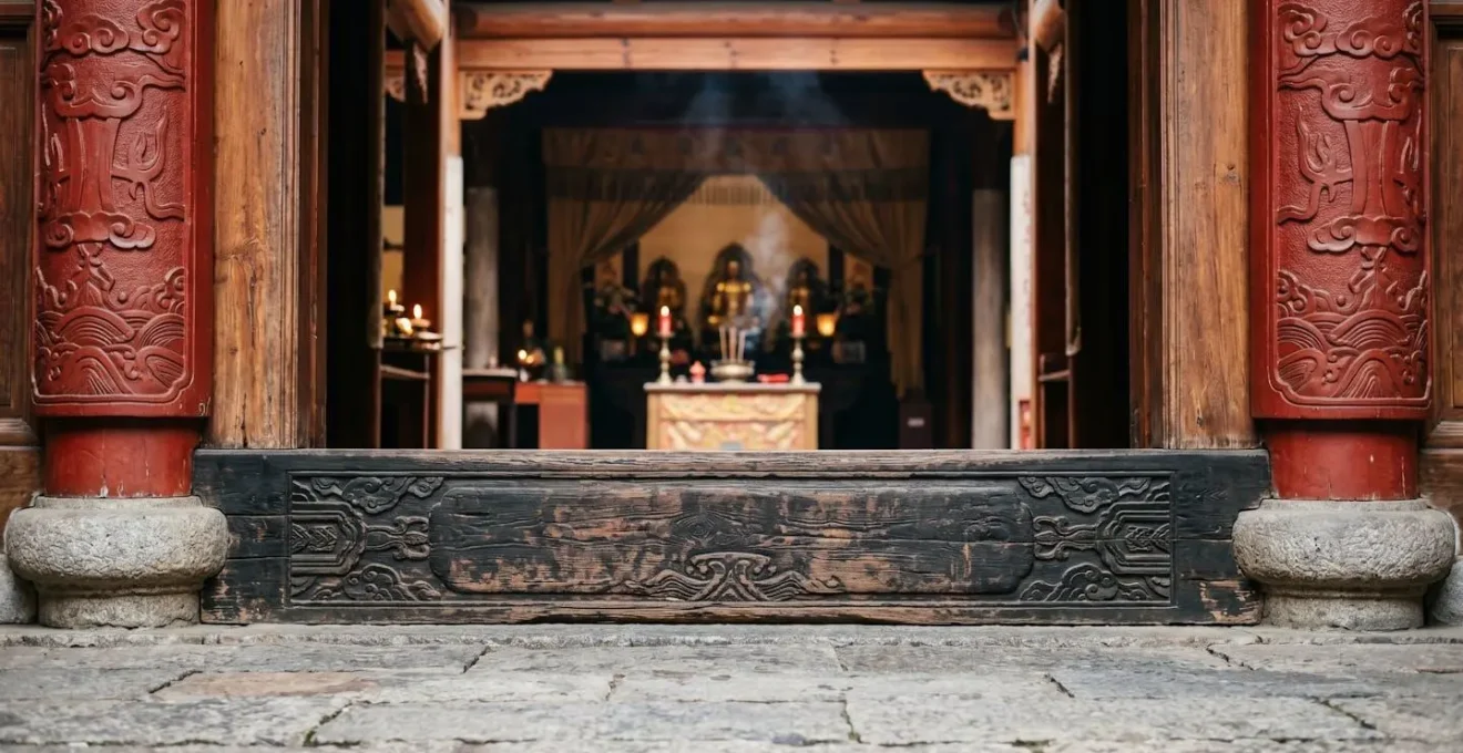 Traditional Chinese temple carved wooden threshold and ornate red pillars showing sacred architectural boundary between sacred and secular space