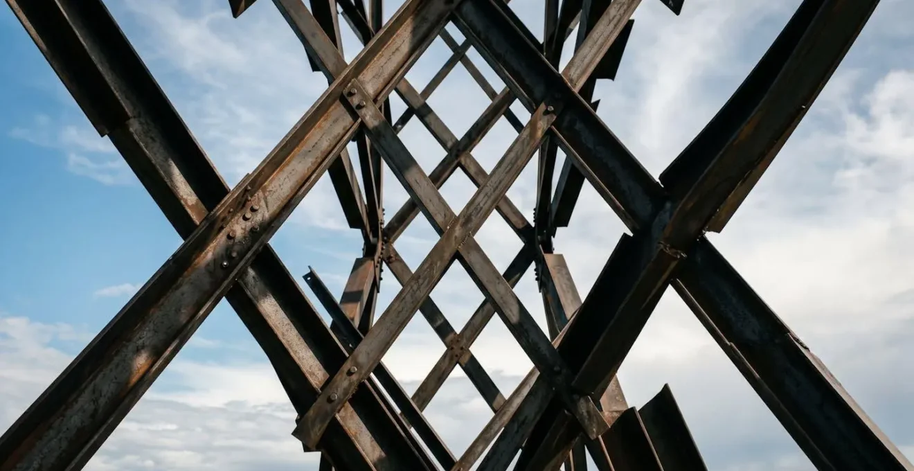 Close-up architectural detail of triangular geometric framework showing sharp angular intersections and structural expressionism