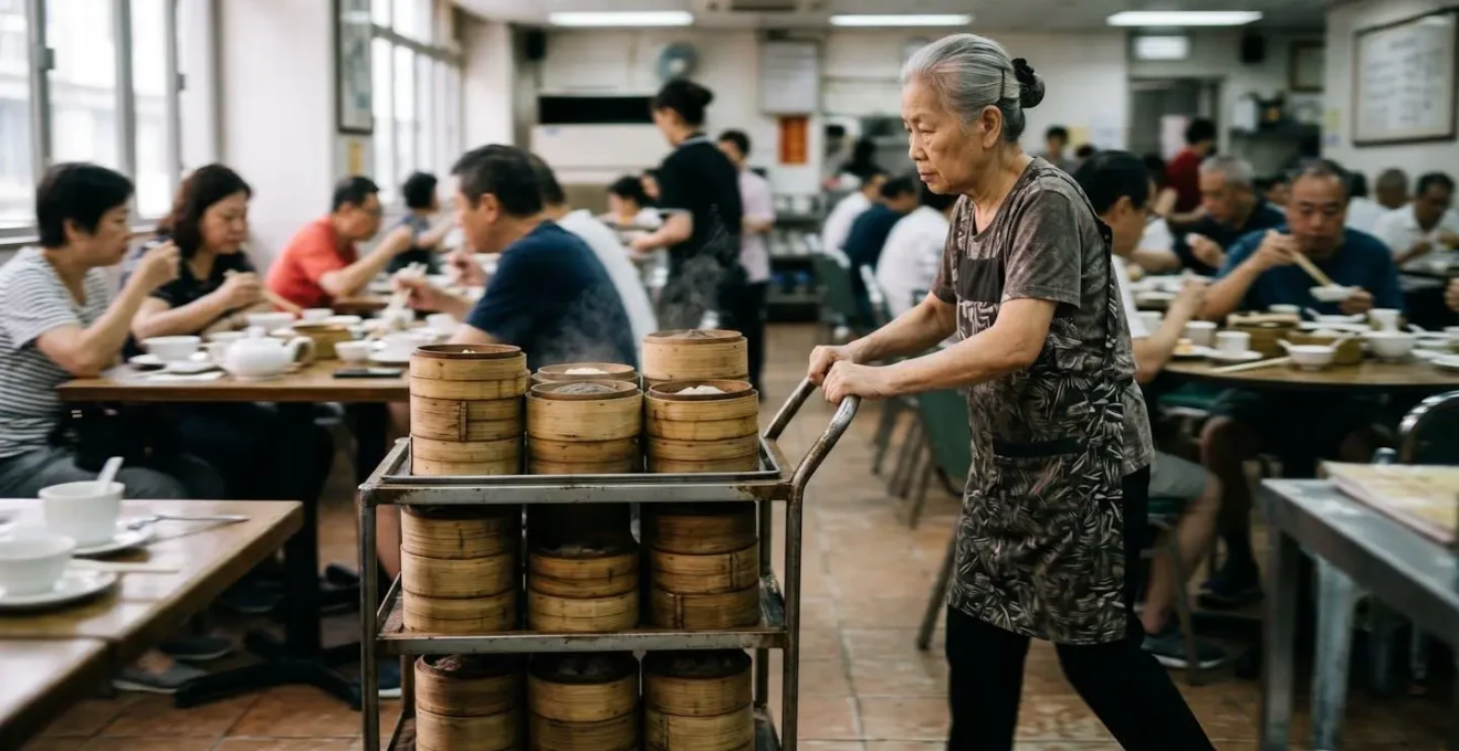 Motion-blurred image of a trolley lady pushing a bamboo steamer cart through a crowded dim sum restaurant aisle