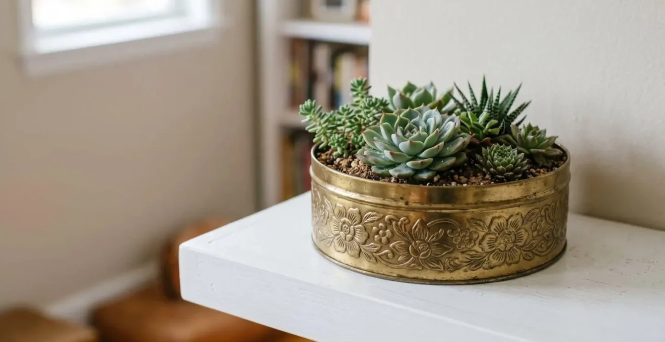 Decorative metal mooncake tin transformed into an elegant succulent planter on minimalist shelf