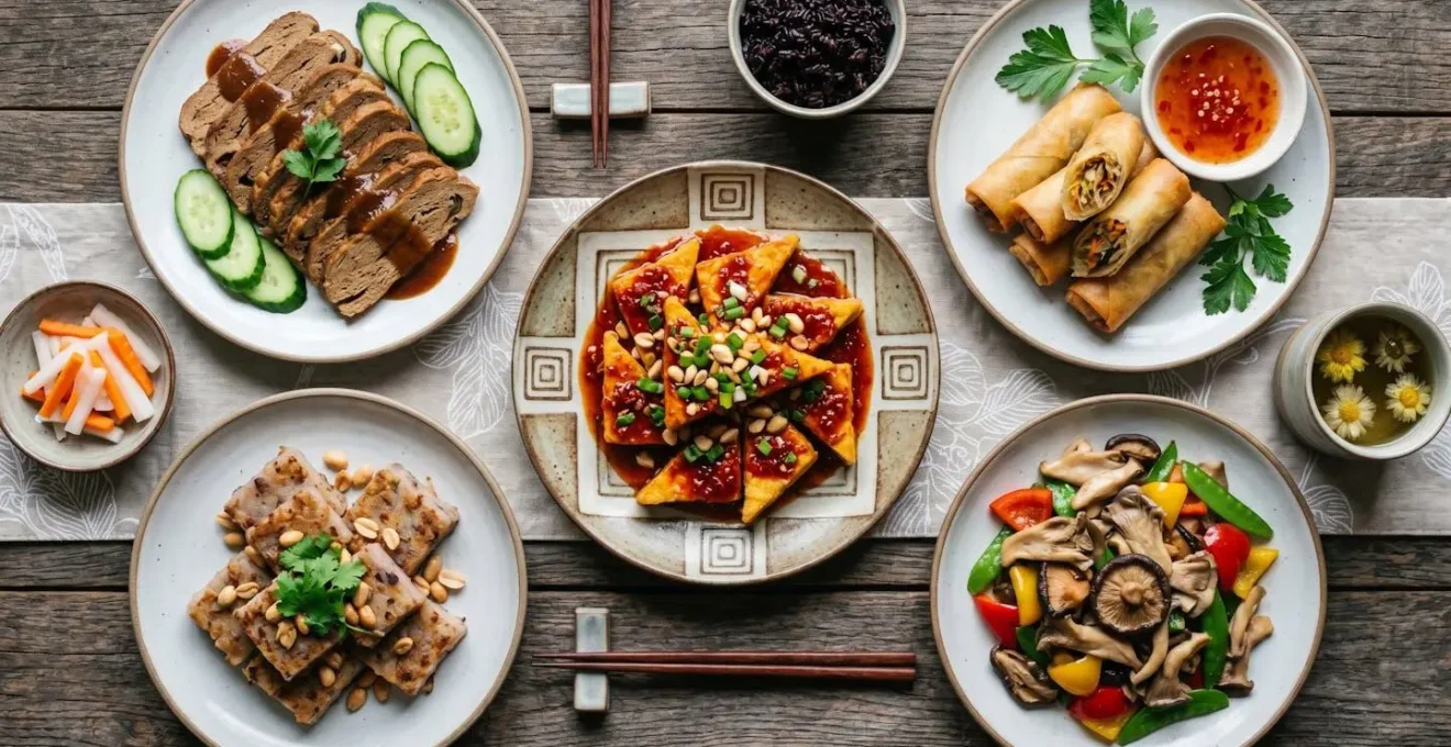Artistic arrangement of traditional vegetarian festival dishes with vibrant textures