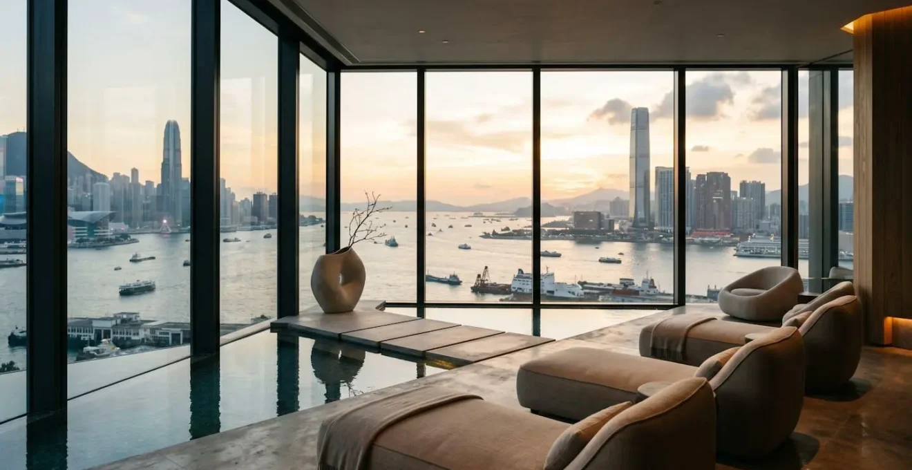 Spa relaxation area with floor-to-ceiling windows overlooking Victoria Harbour