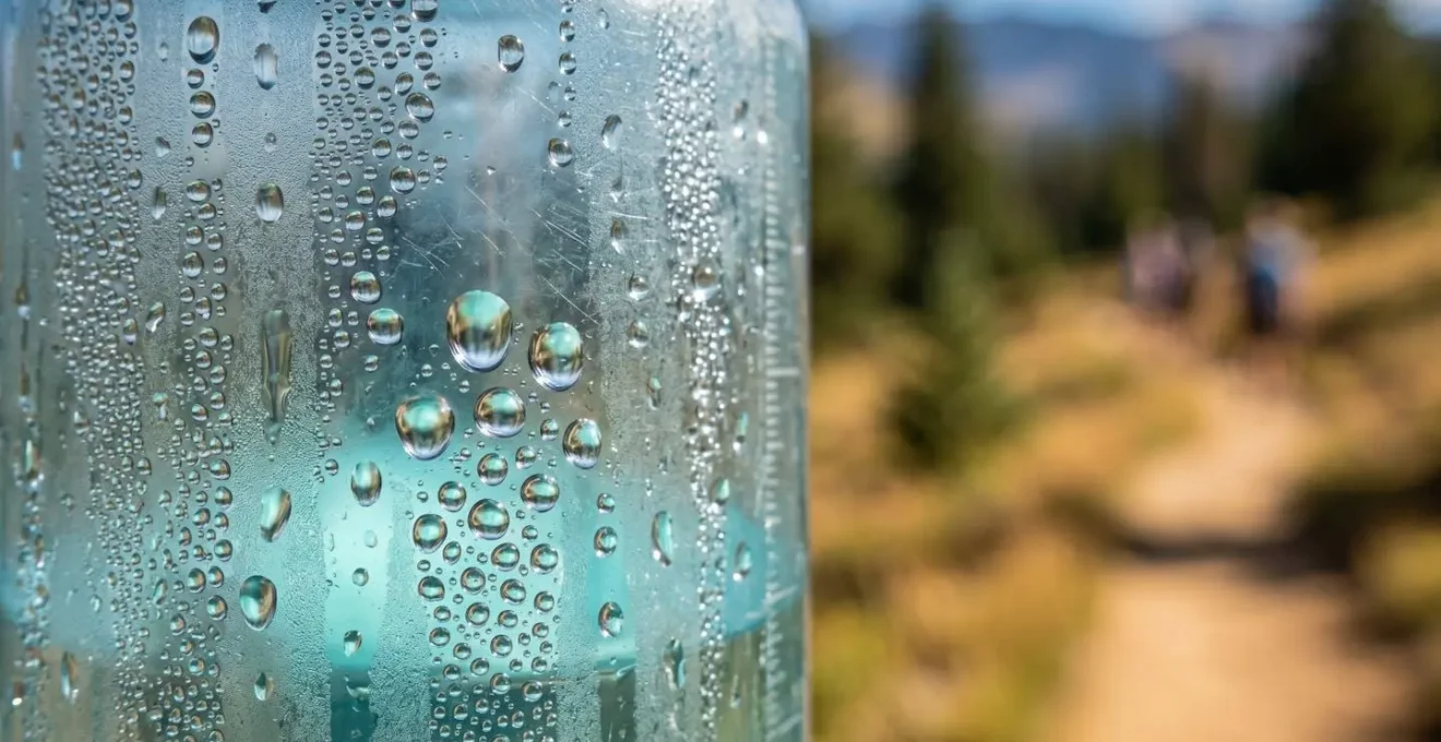 Extreme close-up of water droplets condensing on translucent hydration bottle surface with mountain landscape blurred behind
