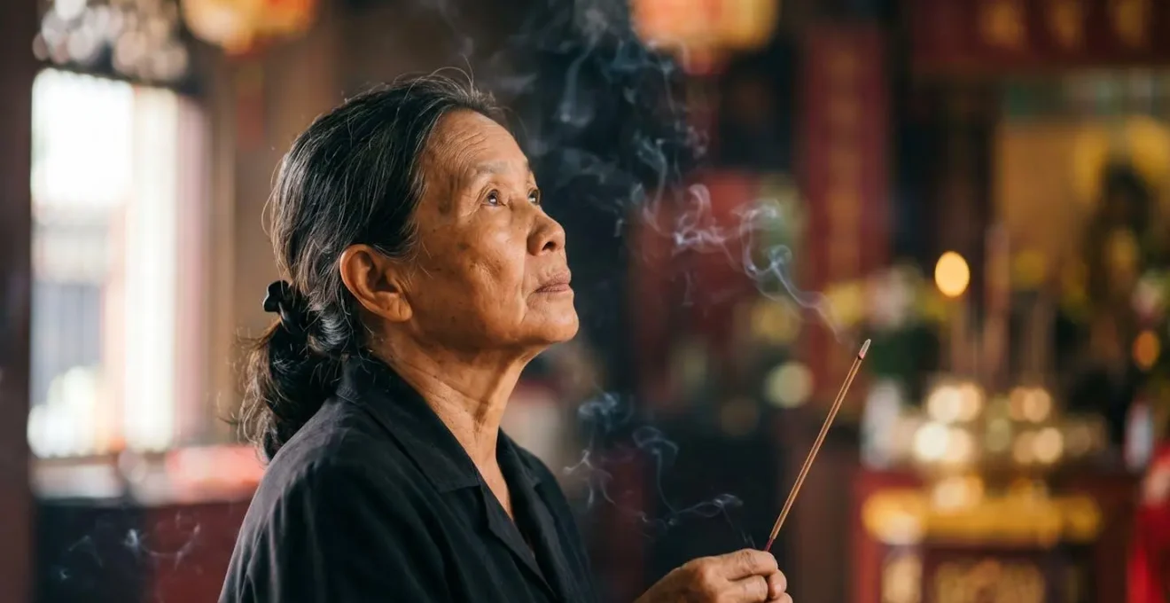 Close portrait of elderly worshipper gazing upward as incense smoke rises capturing hope and devotion