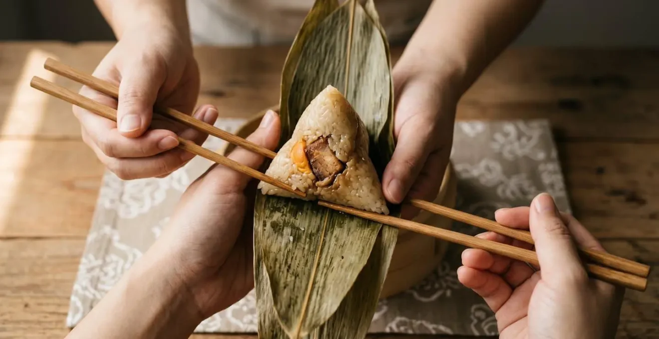 Detailed view of hands using chopsticks to cleanly unwrap bamboo leaves from sticky rice dumpling pyramid